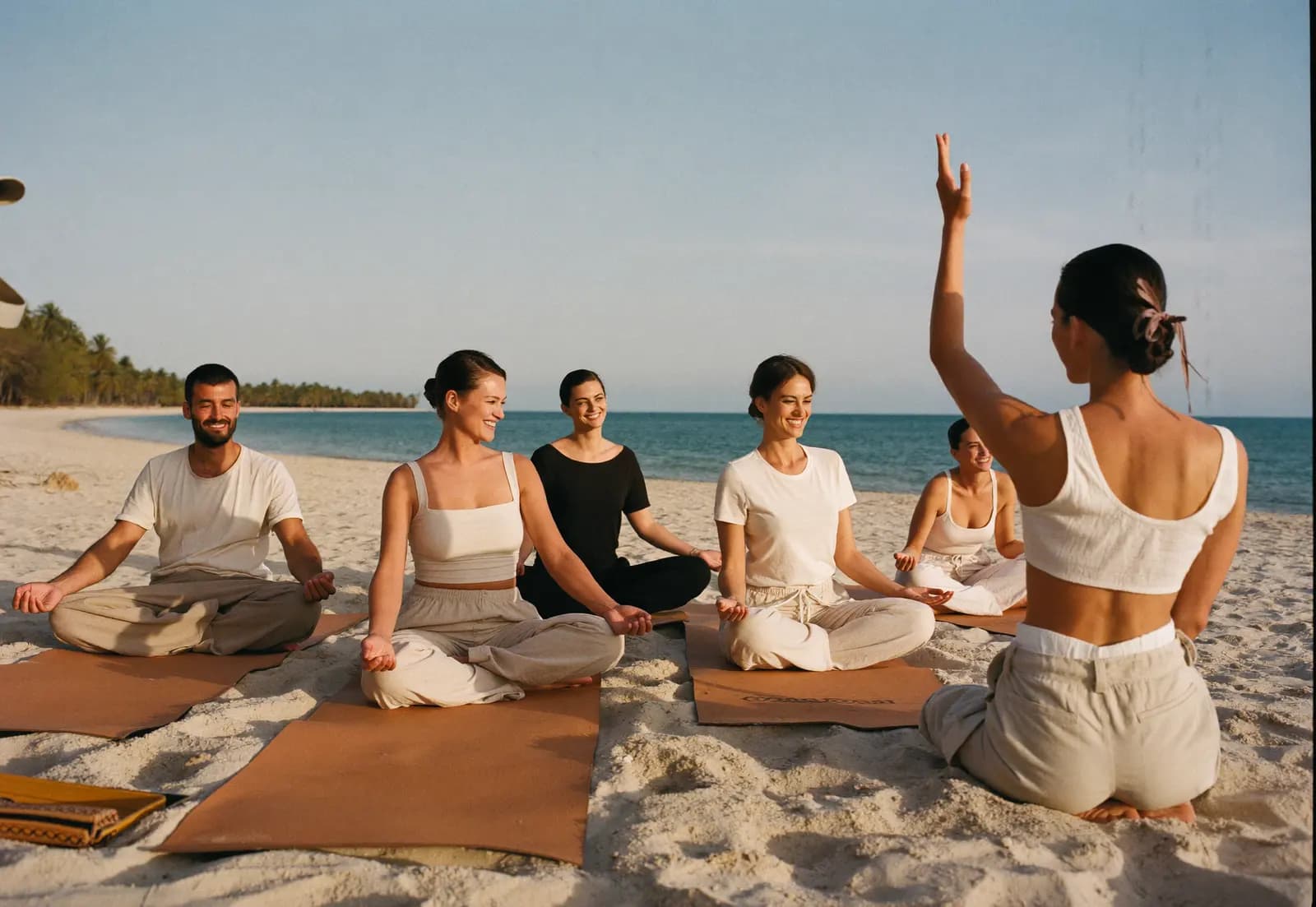 Kleine Gruppe beim entspannten Yoga am Strand von Phuket bei Sonnenaufgang